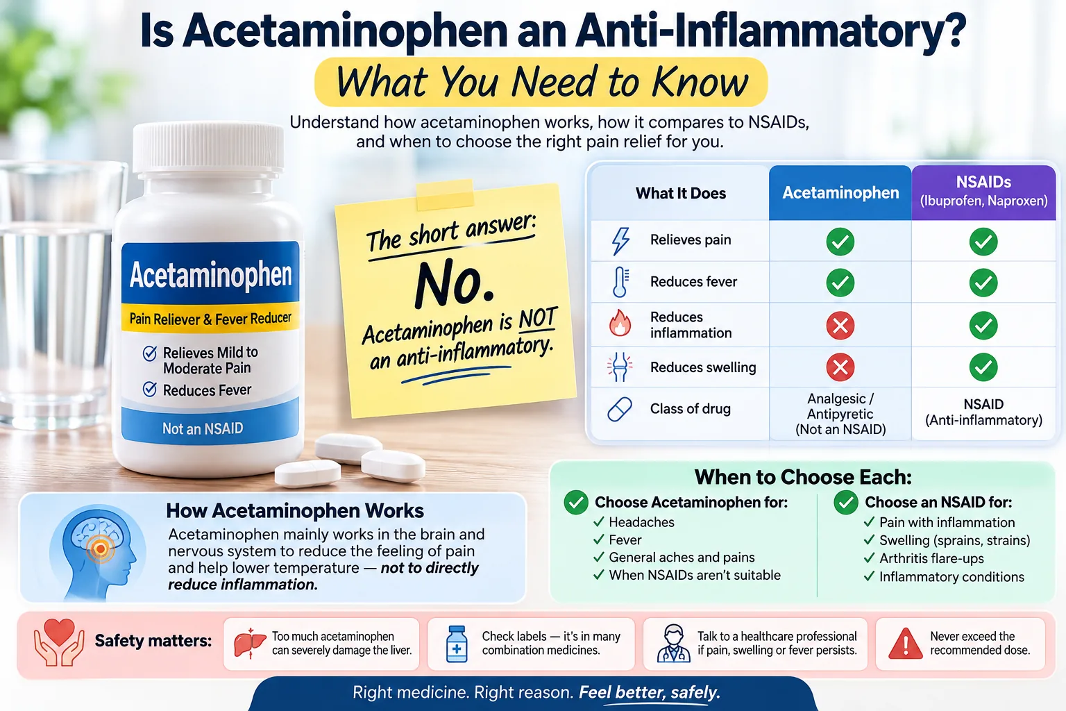 Acetaminophen vs NSAIDs comparison showing pain relief, fever reduction, and inflammation