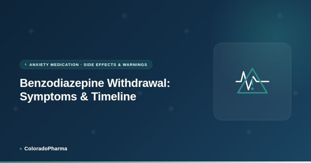 Illustration of a pulse waveform beside a warning symbol, representing ColoradoPharma's guide to benzodiazepine withdrawal symptoms and timeline.
