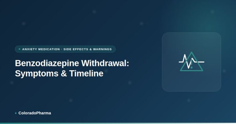 Illustration of a pulse waveform beside a warning symbol, representing ColoradoPharma's guide to benzodiazepine withdrawal symptoms and timeline.