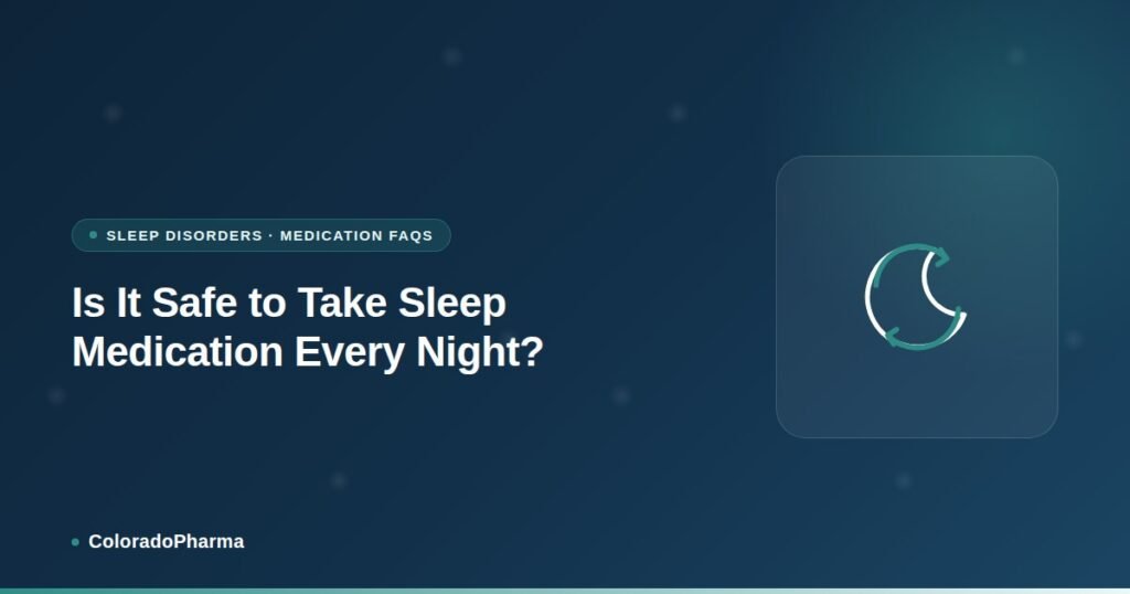 Illustration of a crescent moon with a repeating cycle symbol, representing ColoradoPharma's guide to nightly sleep medication use.