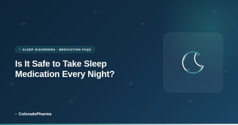 Illustration of a crescent moon with a repeating cycle symbol, representing ColoradoPharma's guide to nightly sleep medication use.