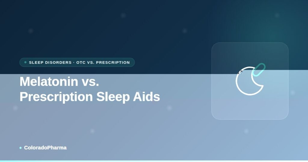 Illustration of a crescent moon beside a pill, representing ColoradoPharma's comparison of melatonin and prescription sleep aids.