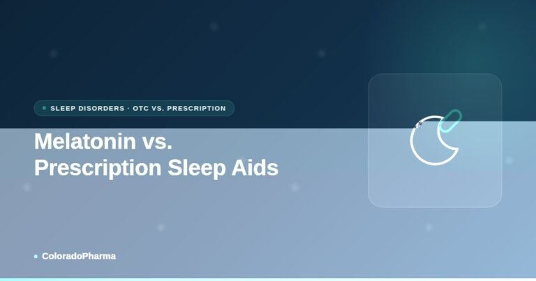 Illustration of a crescent moon beside a pill, representing ColoradoPharma's comparison of melatonin and prescription sleep aids.