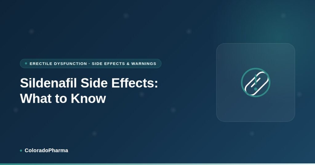 Illustration of a pill beside an alert symbol, representing ColoradoPharma's guide to sildenafil side effects.