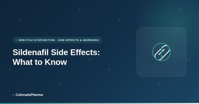 Illustration of a pill beside an alert symbol, representing ColoradoPharma's guide to sildenafil side effects.