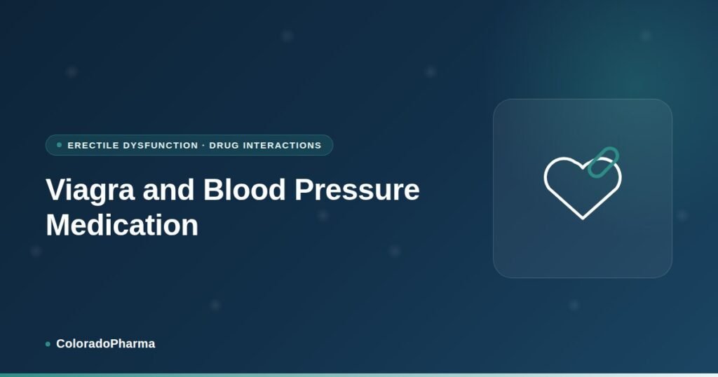 Illustration of a heart beside a pill, representing ColoradoPharma's guide to Viagra and blood pressure medication interactions.