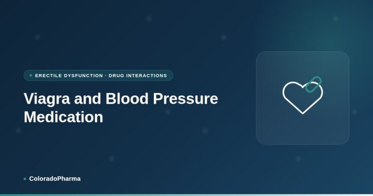 Illustration of a heart beside a pill, representing ColoradoPharma's guide to Viagra and blood pressure medication interactions.